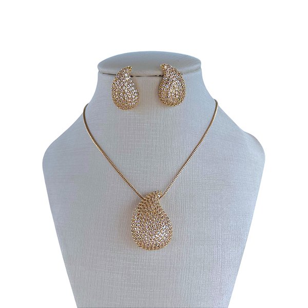 Conjunto Folheado Ouro 18k e Prata 925 Gota Vírgula Cravejada