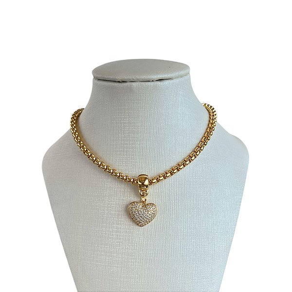 Colar Folheado Ouro 18k e Prata 925 Correntaria Coração Cravejado