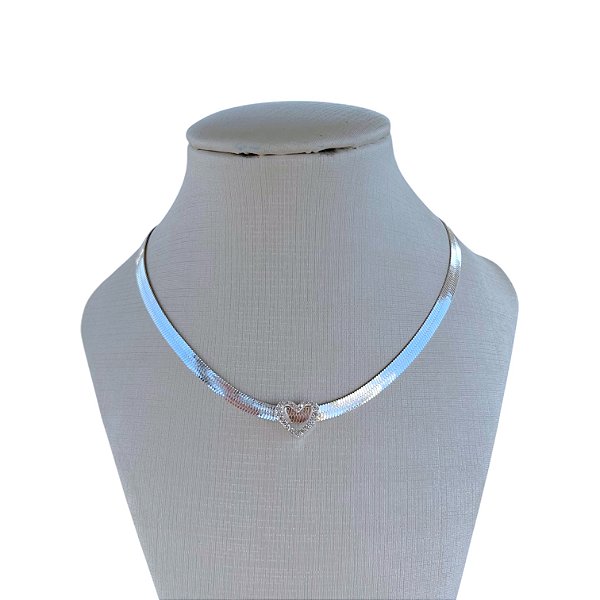Choker Folheada Ouro 18k e Prata 925 Fita Laminada Coração Cravejado