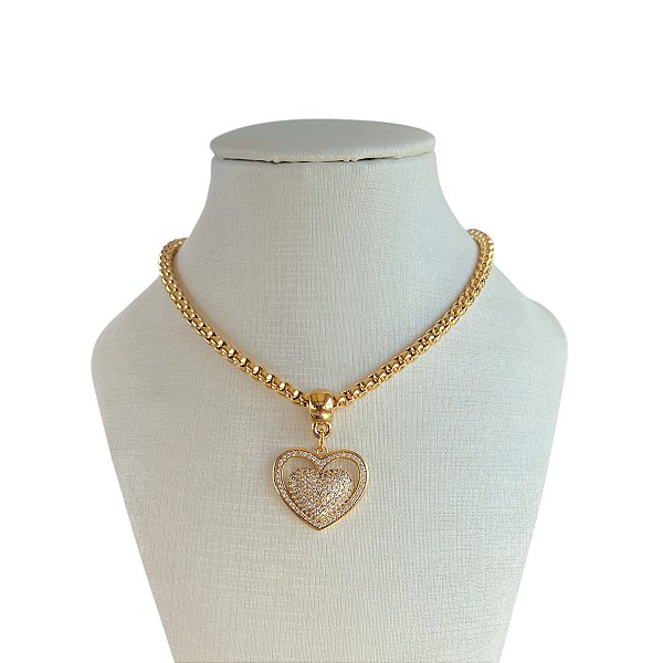 Colar Folheado Ouro 18k e Prata 925 Correntaria Coração Cravejado
