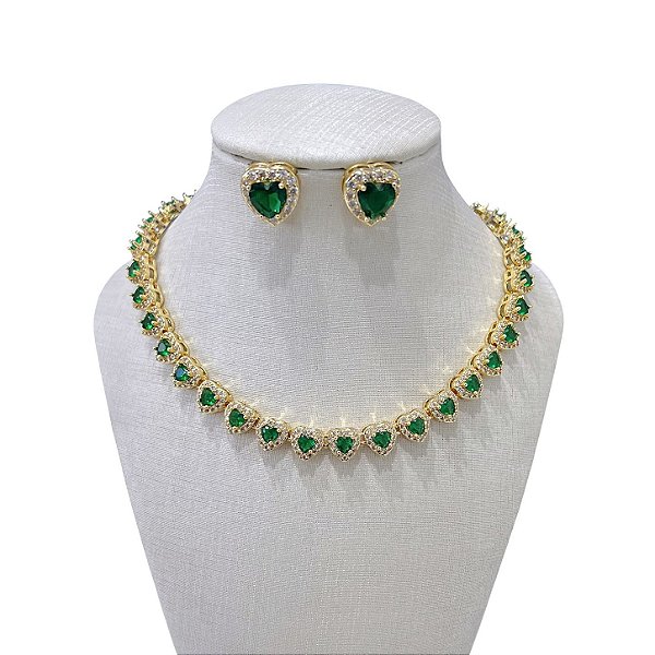Conjunto Folheado Ouro 18k e Prata 925 Inspired Corações Cravejado