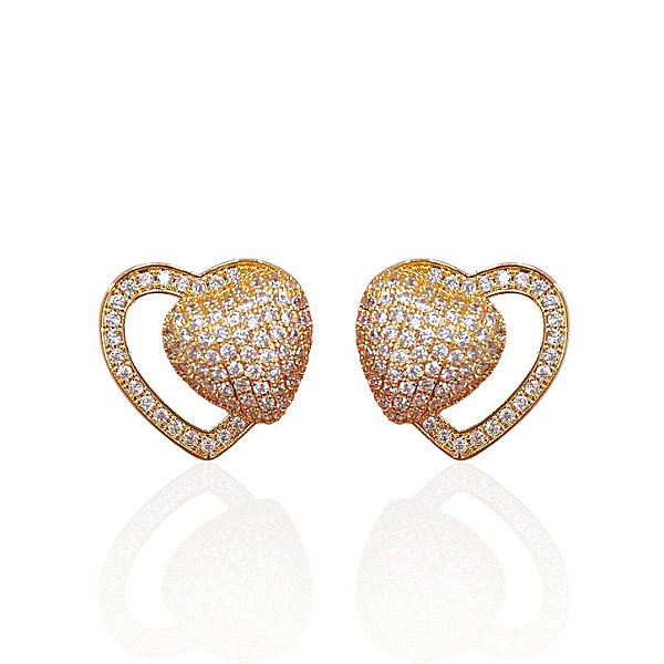 Brinco Folheado Ouro 18k e Prata 925 Dois Coração Cravejado