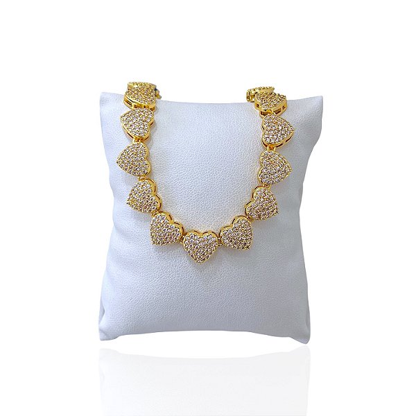 Pulseira Folheada Ouro 18k e Prata 925 Inspired Corações Cravejado
