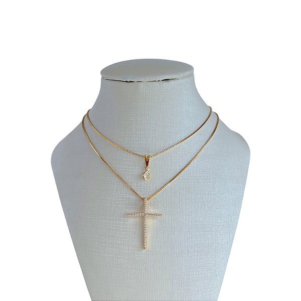 Colar Duplo Folheado Ouro 18k Cruz Cravejada