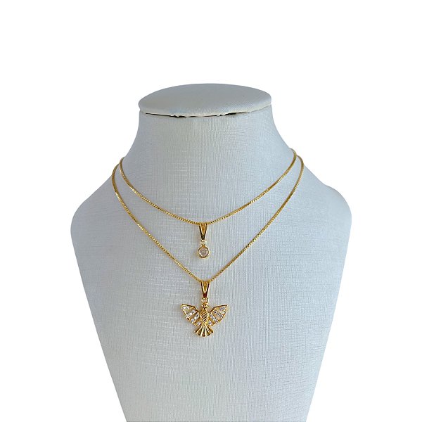 Colar Duplo Folheado Ouro 18k Espírito Santo Cravejada