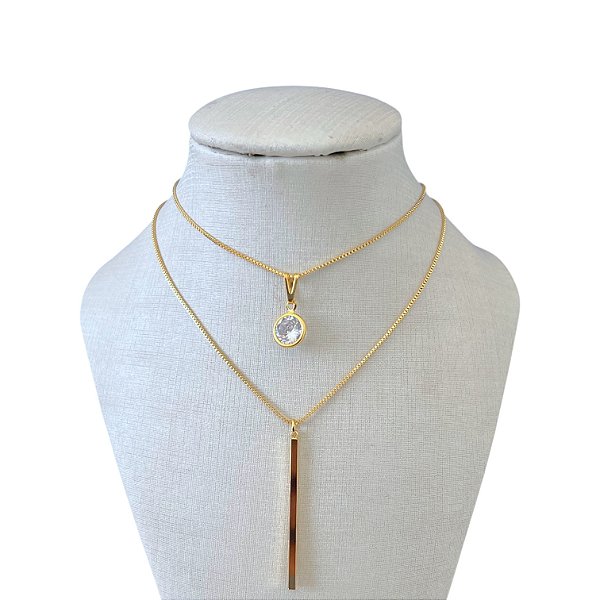 Colar Duplo Folheado Ouro 18k Ponto de Luz Palito