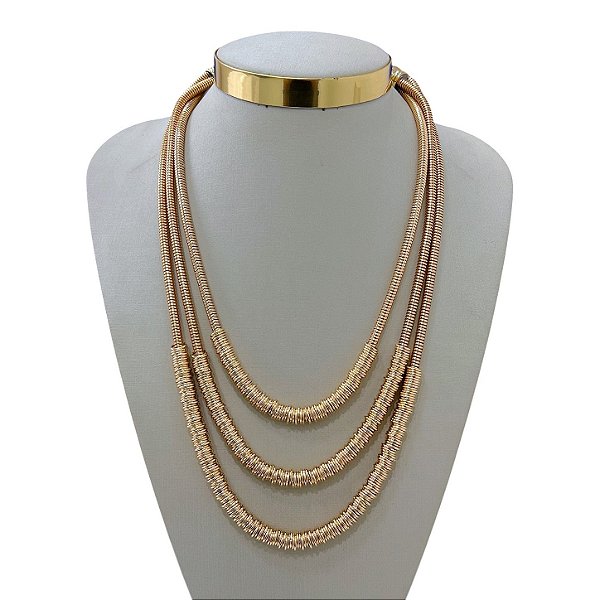 Colar Triplo Bijuteria Dourado Malha Argolinhas