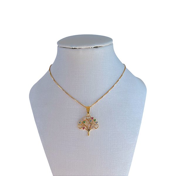 Colar Folheado Ouro 18k Árvore da Vida Cravejada Colors