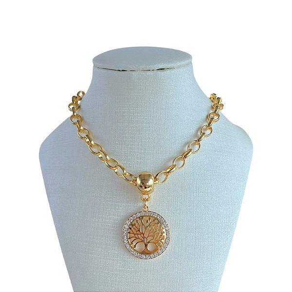 Colar Folheado Ouro 18k Correntaria Árvore da Vida Cravejada