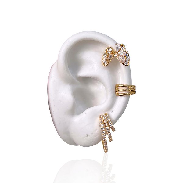 Kit 3 Piercing Fake Folheado Ouro 18k e Prata 925 Borboleta Cravejada