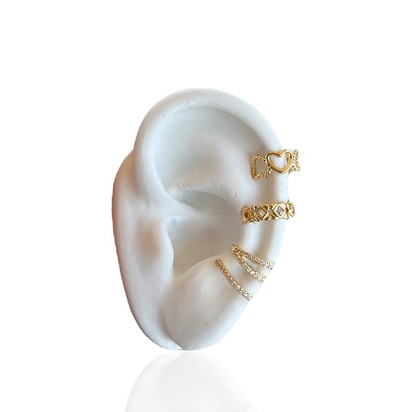 Kit 3 Piercing Fake Folheado Ouro 18k e Prata 925 Corações Cravejado