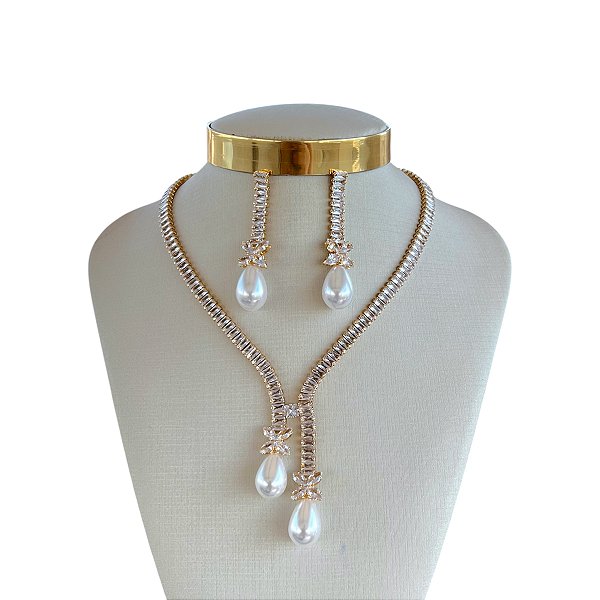 Conjunto Folheado Ouro 18k e Prata 925 Riviera Gota Pérola Cravejada