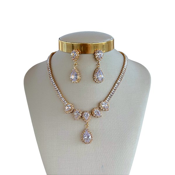 Conjunto Folheado Ouro 18k e Prata 925 Riviera Gotas Cravejada