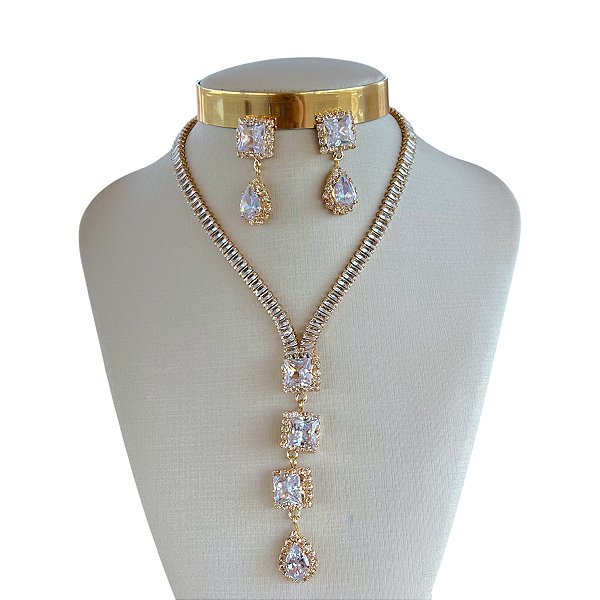 Conjunto Folheado Ouro 18k e Prata 925 Riviera Quadrados Gota Cravejada