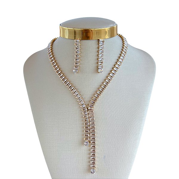 Conjunto Folheado Ouro 18k e Prata 925 Riviera Cravejada