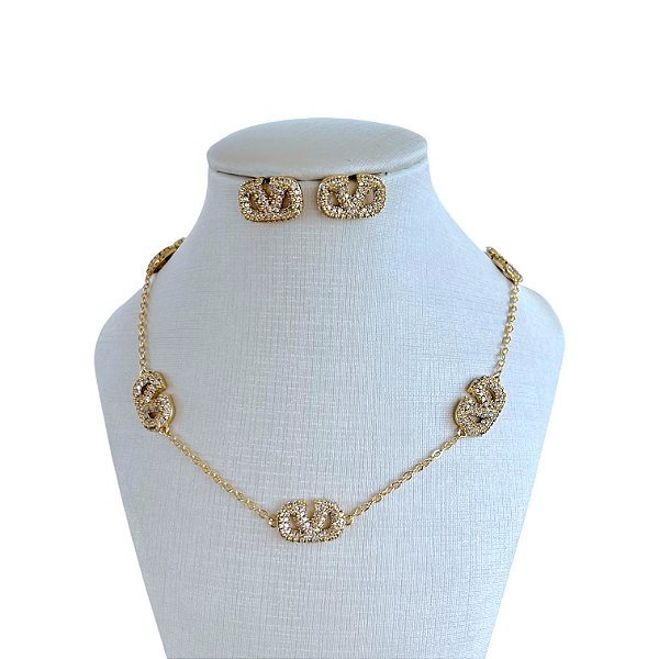 Conjunto Folheado Ouro 18k e Prata 925 Inspired Cravejado