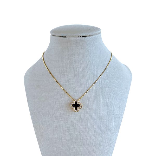 Colar Folheado Ouro 18k e Prata 925 Trevo Cristal Cravejado