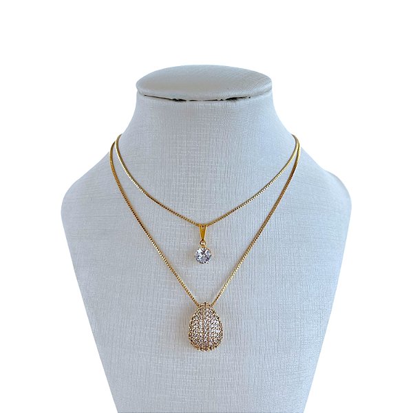 Colar Duplo Folheado Ouro 18k Gota Cravejada