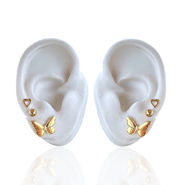 Trio Brincos Folheado Ouro 18k e Prata 925 Borboleta