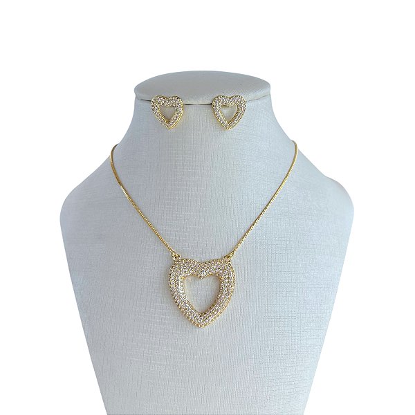 Conjunto Folheado Ouro 18k e Prata 925 Coração Vazado Cravejado