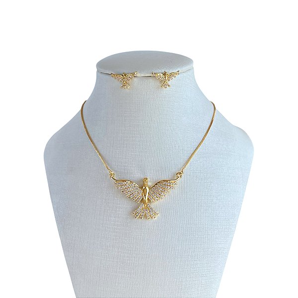 Conjunto Folheado Ouro 18k e Prata 925 Espírito Santo Cravejado