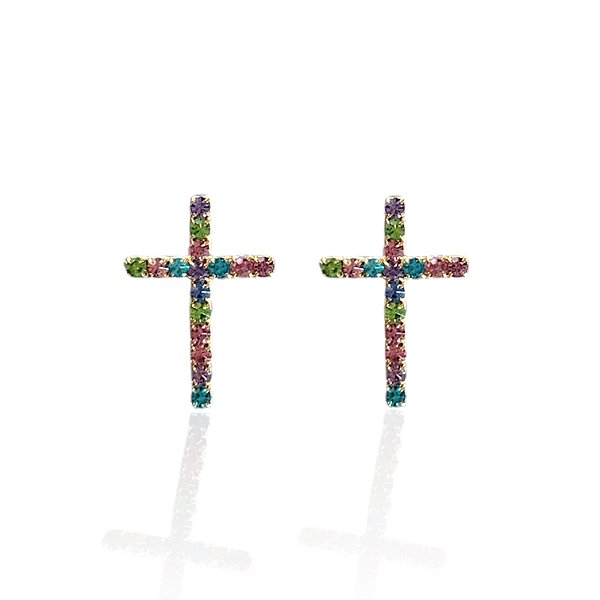 Brinco Folheado Ouro 18k Cruz Strass
