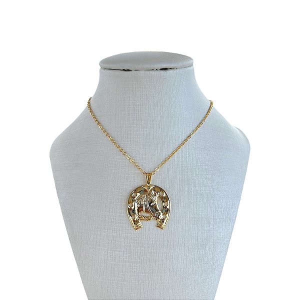 Colar Folheado Ouro 18k e Prata 925 Country Cavalo Ferradura