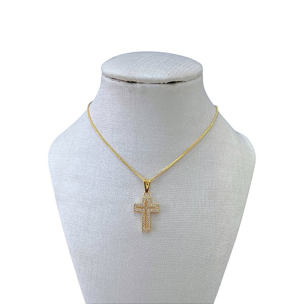 Colar Folheado Ouro 18k Cruz Cravejada