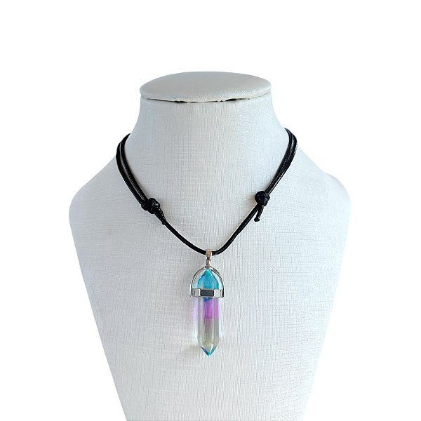 Colar Couro Bijuteria Pedra Ponta Cristal