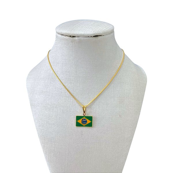 Colar Folheado Ouro 18k Bandeira do Brasil Quadrada