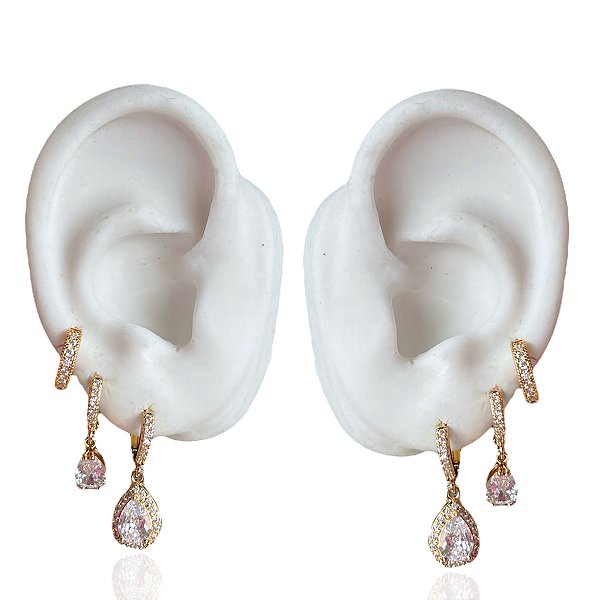 Trio Brincos Folheado Ouro 18k e Prata 925 Argola Gota Cravejada