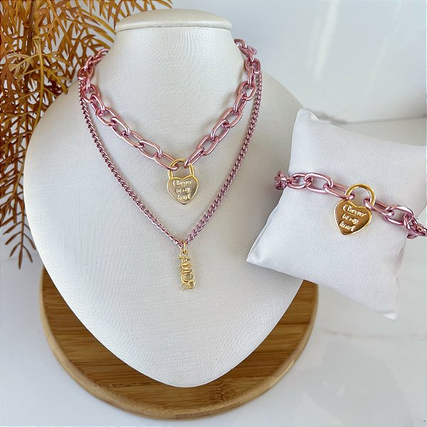 Conjunto Correntaria Duplo Bijuteria Cadeado