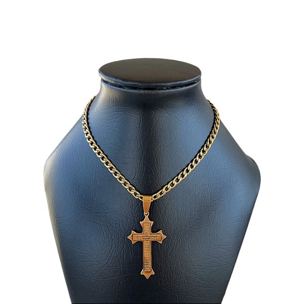 Corrente Masculina Aço Inoxidável Crucifixo Pai Nosso