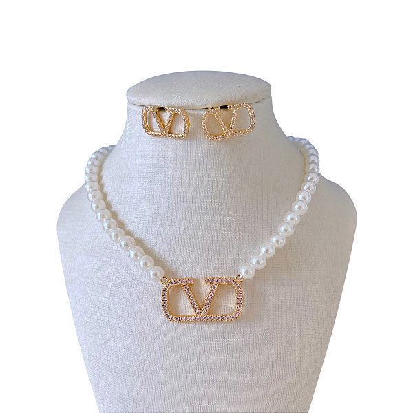 Conjunto Folheado Ouro 18K e Prata 925 Inspired Cravejado Pérolas