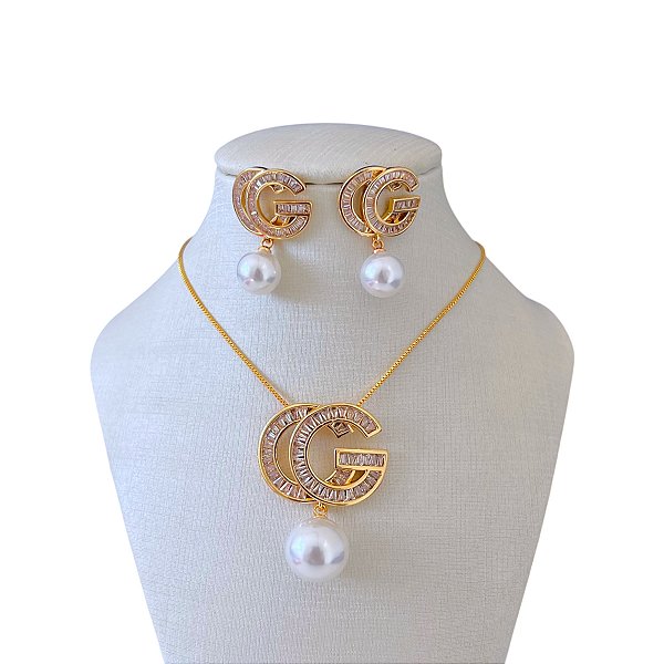Conjunto Folheado Ouro 18k e Prata 925 Inspired Cravejado Pérola