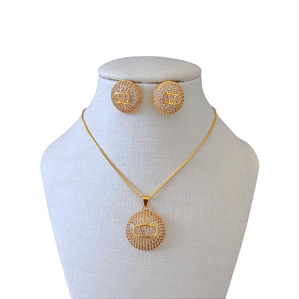 Conjunto Folheado Ouro 18k e Prata 925 Inspired Cravejado Redondo