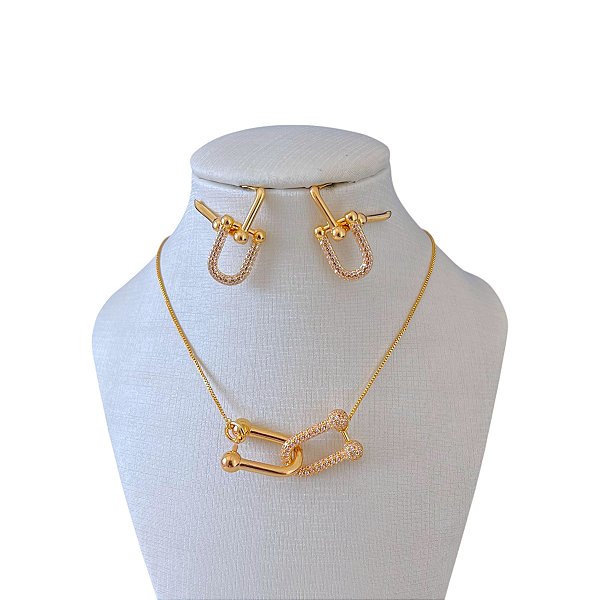 Conjunto Folheado Ouro 18k e Prata 925 Elos Inspired Cravejado