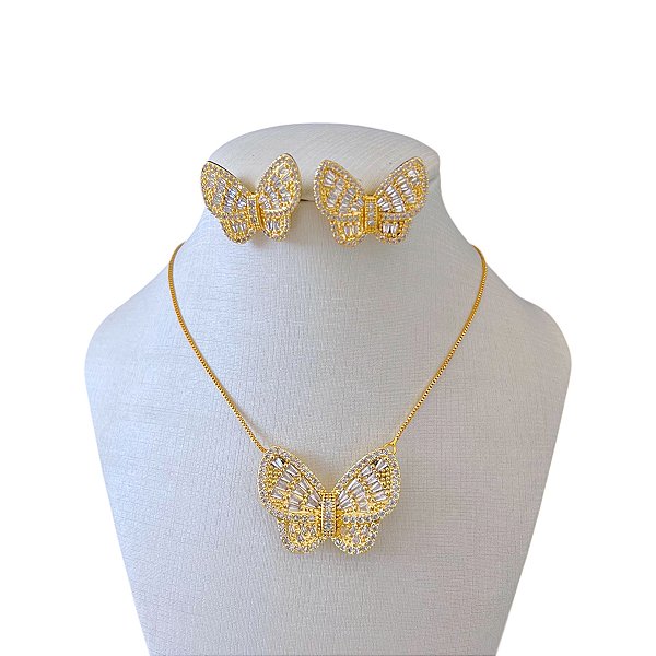Conjunto Folheado Ouro 18k e Prata 925 Borboleta Cravejada