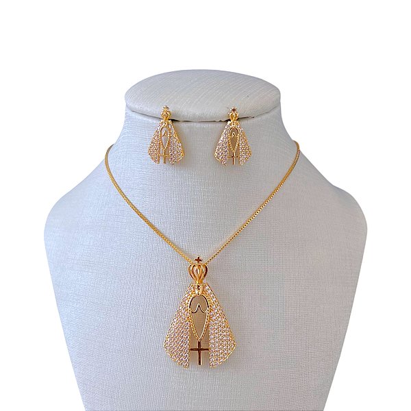 Conjunto Folheado Ouro 18k e Prata 925 Nossa Senhora Cravejada