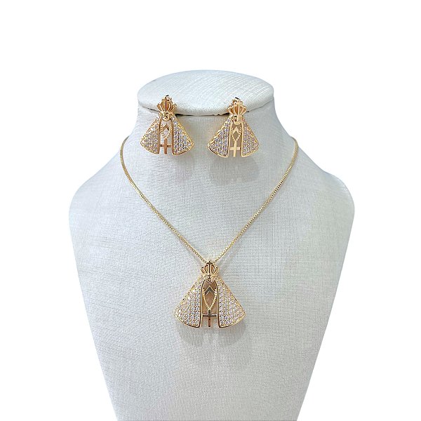 Conjunto Folheado Ouro 18k e Prata 925 Nossa Senhora Cravejada
