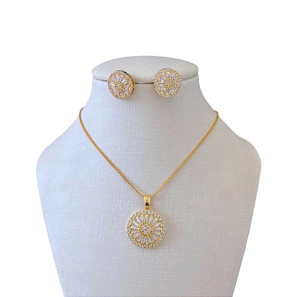 Conjunto Folheado Ouro 18k e Prata 925 Mandala Cravejada