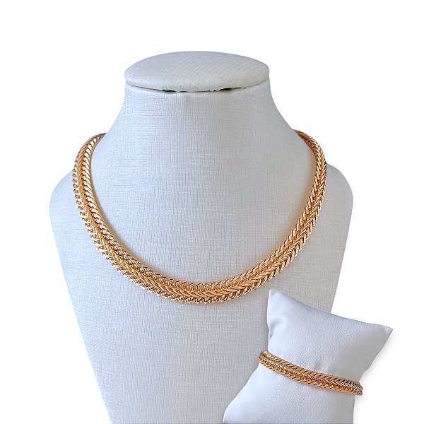 Conjunto Folheado Ouro 18k e Prata 925 Colar e Pulseira Malha Trançada