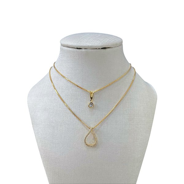 Colar Duplo Folheado Ouro 18k Gota Cravejada