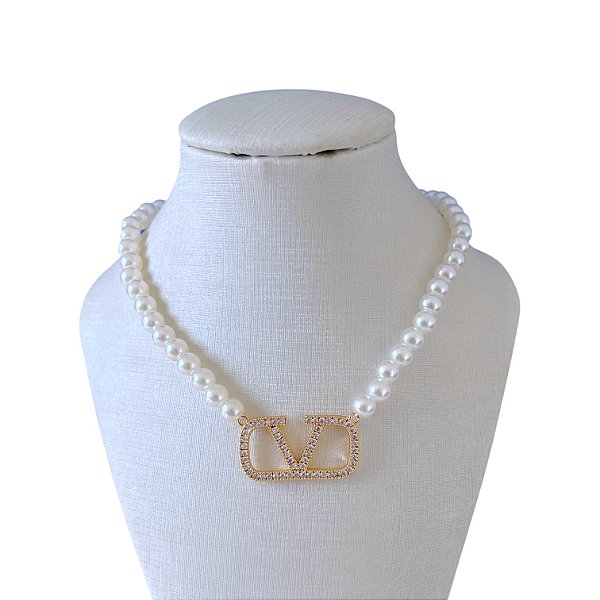 Colar Folheado Ouro 18k e Prata 925 Inspired Cravejado Pérola