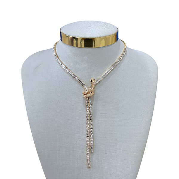 Colar Folheado Ouro 18k e Prata 925 Gravatinha Riviera Serpente Cravejada