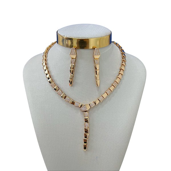 Conjunto Folheado Ouro 18k e Prata 925 Serpente Cravejada