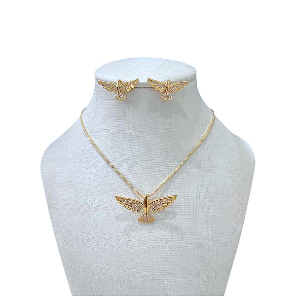 Conjunto Folheado Ouro 18k e Prata 925 Espírito Santo Cravejado