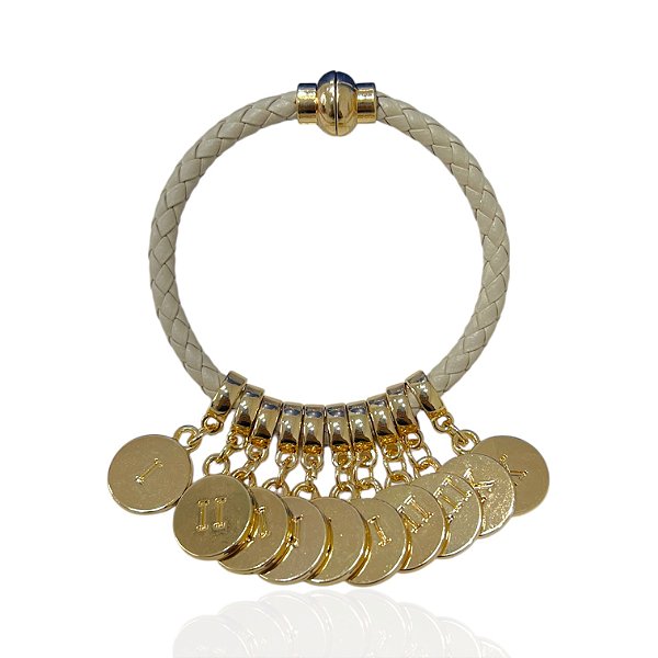 Bracelete Folheado Ouro 18k e Prata 925 Mandamentos Couro