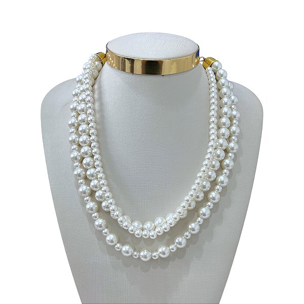 Colar Triplo Bijuteria Dourado Pérolas