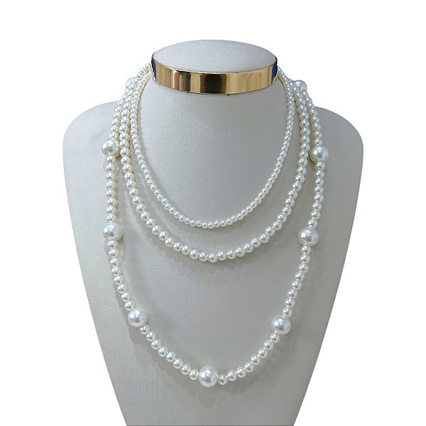Colar Triplo Bijuteria Dourado Pérolas